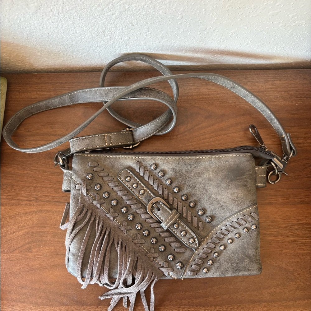 Montana West Taupe Fringe & Stud Crossbody Bag